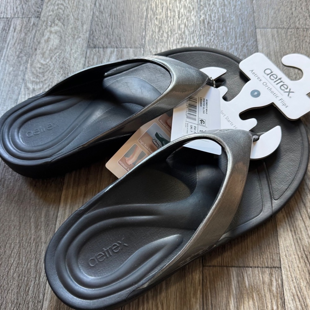 Aetrex Maui Orthotic Flips Women 9 Pewter Gloss L3034W09 Water Friendly Sandals